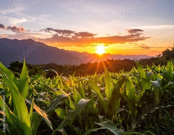 Fototapeta Sunset over cornfield