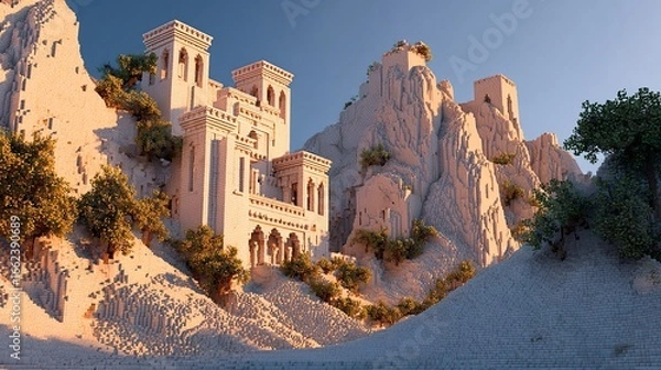 Fototapeta A sunlit, sandy desert landscape features a large, ornate, light-colored building nestled into rocky cliffs, surrounded by sparse vegetation