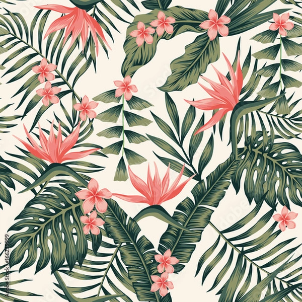 Obraz Tropical plants and flowers abstract colors seamless light yellow background