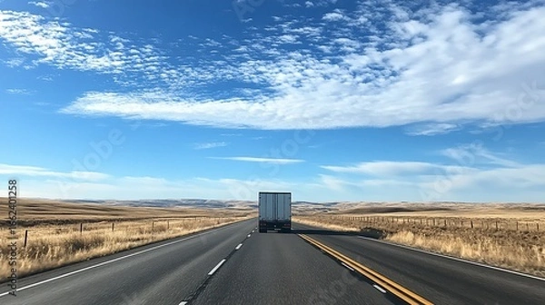 Obraz Endless road ahead, Truck journey through vast golden plains under a clear blue sky