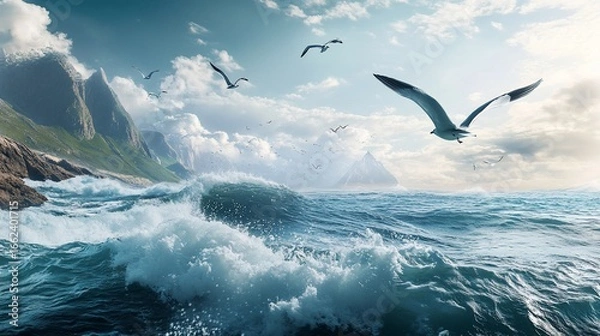 Obraz Majestic seascape with soaring birds, crashing waves, and rugged mountains