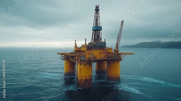 Fototapeta Offshore oil drilling platform in the middle of the ocean extraction site during the day, offshore construction for crude oil and gas