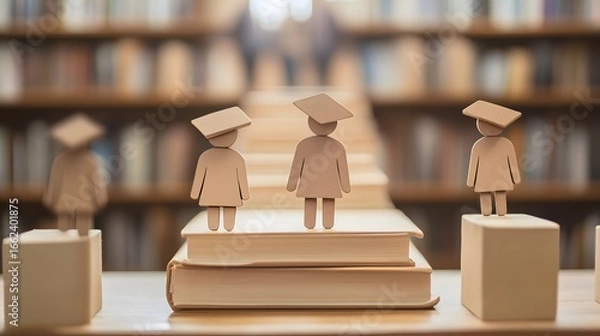 Fototapeta Graduation Figures on Books in Library Setting