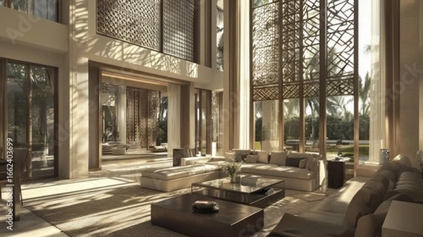 Obraz Spacious, sun-drenched living room with intricate, light-filtering screens