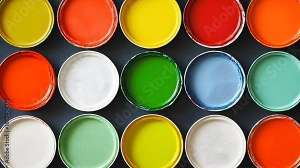Fototapeta Vibrant Paint Colors in Open Lids Top View