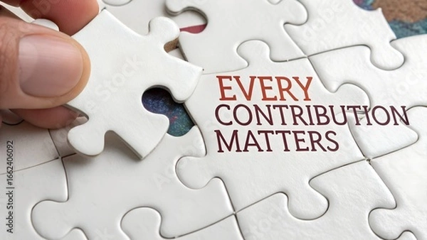 Fototapeta Hand Placing Puzzle Piece with Message Every Contribution Matters