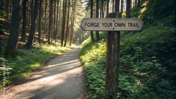 Fototapeta Pathway in Forest with Sign to Forge Individual Trail Choices
