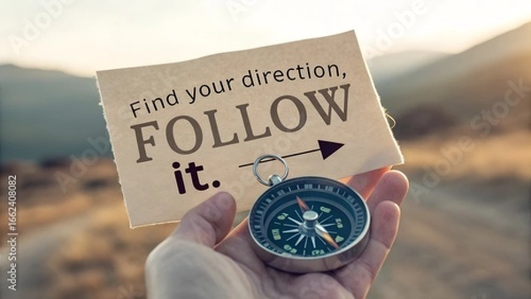 Fototapeta Hand Holding Compass with Motivational Message about Direction