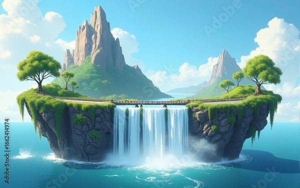 Fototapeta Floating islands with waterfall and road on both of them. Unique artistic design can be used in many nature or travel related projects showing distinctive idea and style with semi realistic vector