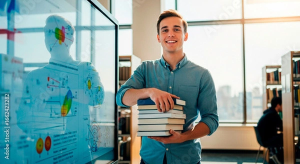 Fototapeta Smiling student holding stack of books in modern library by interactive whiteboard