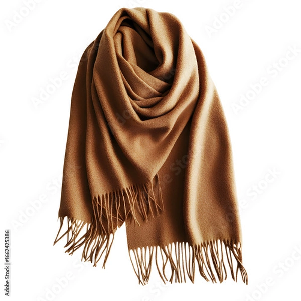 Fototapeta Luxurious soft cashmere scarf in a rich caramel brown hue with elegant fringed edges, perfect for adding warmth and style to any outfit