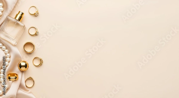 Fototapeta Elegant flat lay background with gold jewelry, perfume bottle, and pearls on beige silk fabric with copy space.