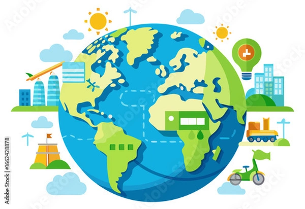 Fototapeta An illustration of a vibrant Earth, showing a network of cities, renewable energy sources, and transportation, symbolizing global connectivity and sustainable urban development.