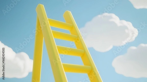 Fototapeta Yellow Ladder Reaching Sky Clouds 3D Render