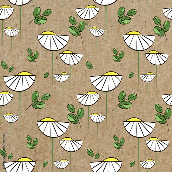 Fototapeta Floral vector pattern with white daisies and green leaves