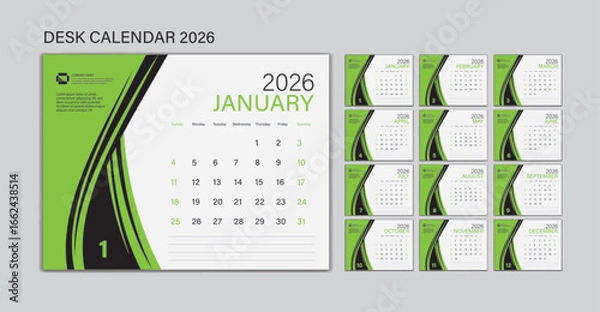 Fototapeta Set Desk Calendar 2026 template, calendar 2026 design, Planner design, wall calendar 2026 year, poster, Week Start On Sunday, Stationery, Printing, advertisement, business template, Green background