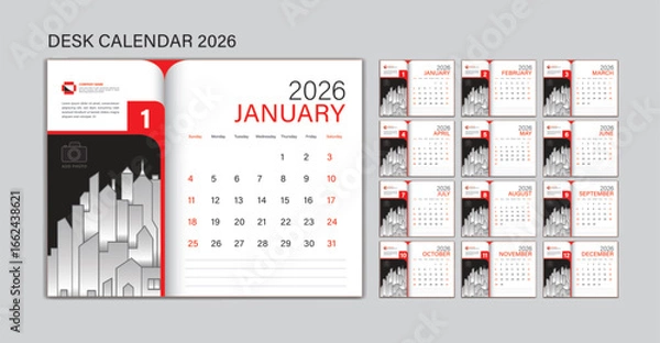 Fototapeta Set Desk Calendar 2026 template, Calendar 2026 design, Planner design, wall calendar 2026 year, poster, Week Start On Sunday, Stationery, Printing, creative idea, business template, Red background

