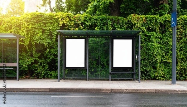 Obraz City Bus Stop Mockup Framed by Lush Greenery and Golden Sunlight.