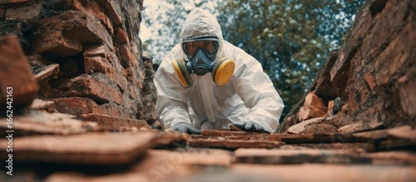 Fototapeta Close-up of a person wearing protective gear exploring a narrow tree trunk cavity outdoors