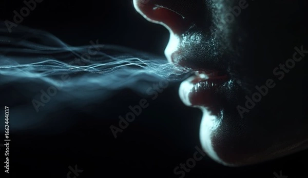 Fototapeta Close-up of a person's face exhaling vapor or smoke in a dark environment