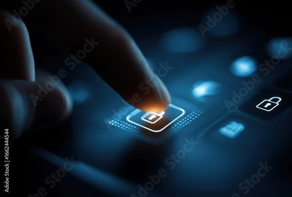 Fototapeta Close-up of a person's finger pressing a glowing button on a digital touchscreen device