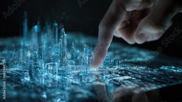 Fototapeta Close-up of a person's finger touching a digital water ripple effect on a futuristic touchscreen interface