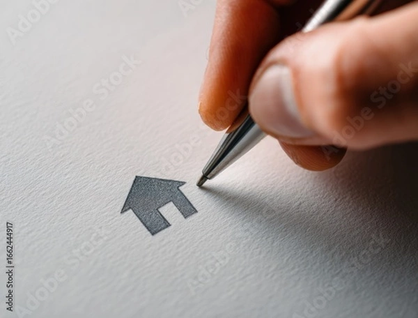 Fototapeta Close-up of a person's hand drawing a house icon with a pen on paper