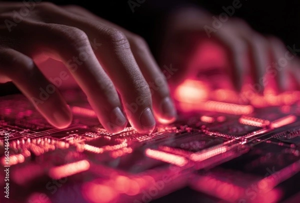 Fototapeta Close-up of a person's hand typing on a glowing backlit keyboard in a dark environment