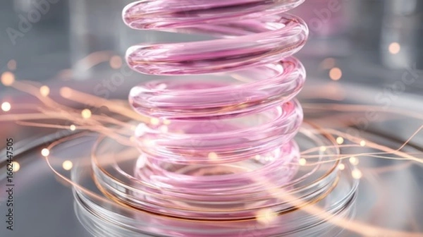 Fototapeta Close-up of a pink coil spring with sparkles and reflections on a shiny