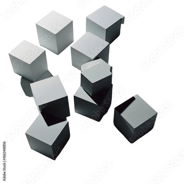 Fototapeta Abstract arrangement of sleek metallic gray cubes and cuboid shapes on a white background. Light and shadow interplay emphasizes modern minimalist design and geometric forms