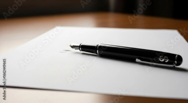 Fototapeta Fountain pen resting on white paper for writing and signing important documents or contracts in business or personal life with elegance and style for writers