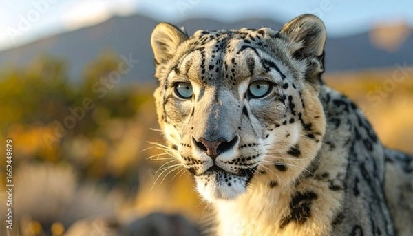 Obraz Close-up of snow leopard, striking blue eyes