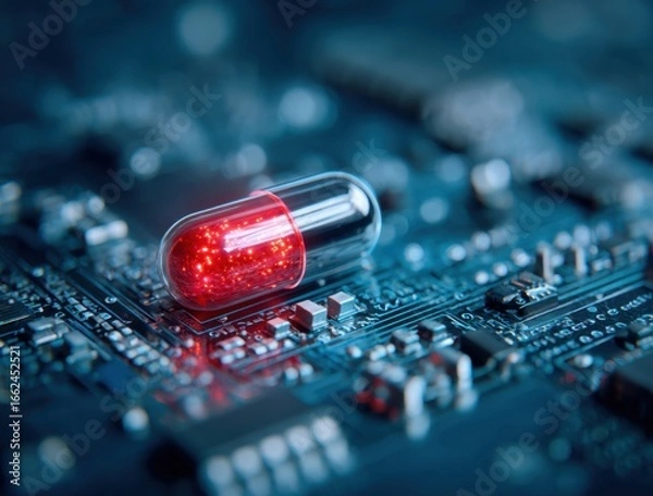Fototapeta Close-up of a red and transparent capsule pill resting on a computer circuit board