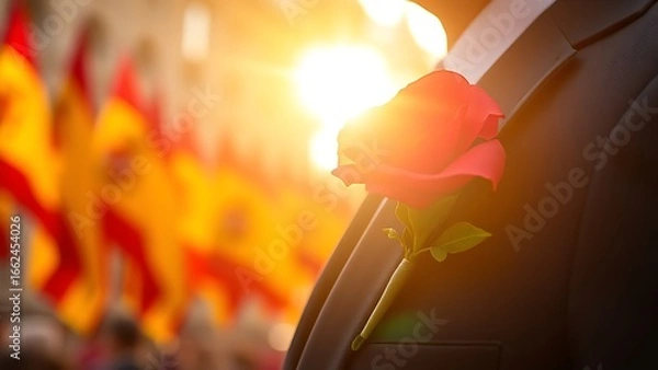 Fototapeta Red carnation on navy jacket, basking in golden light with Spanish flags in the backdrop.