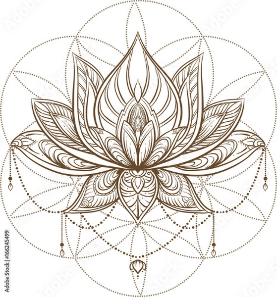 Fototapeta Filigranowy kwiat lotosu na znak świętej geometrii, ilustracja wektorowa handdrawn