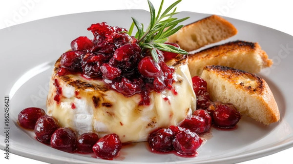 Obraz Creative plating of baked brie with cranberry sauce and toasted bread, isolated on a Transparent background, PNG file.