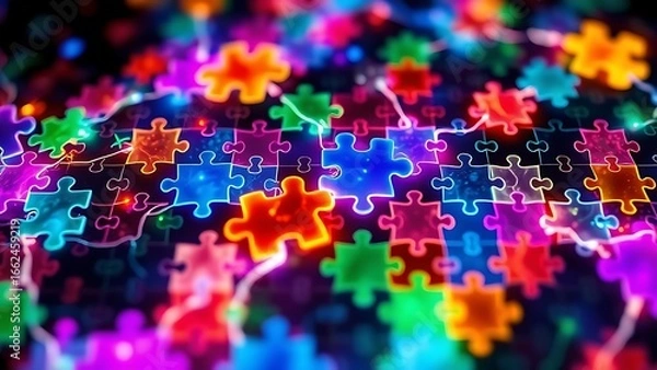Fototapeta Glowing puzzle pieces forming a neuron-like mosaic in vibrant biological colors, depicting interconnected systems.