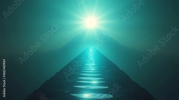 Fototapeta Glowing path of floating footsteps ascending toward a radiant health summit.