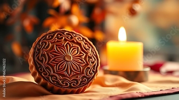 Fototapeta Festive mooncake with intricate patterns on silk cloth, candlelight glow, autumn foliage in blurred background.