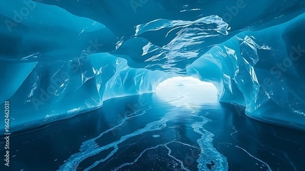 Fototapeta Subglacial rivers of glowing liquid flow beneath geometric ice, casting surreal refractive light patterns.