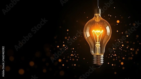 Fototapeta Golden lightbulb surrounded by floating particles, symbolizing creativity and bright ideas in darkness.