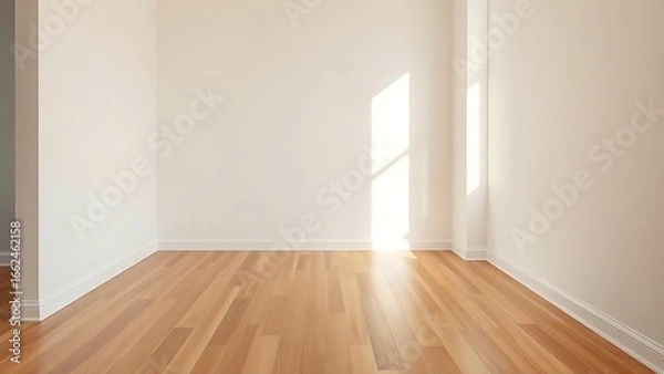 Fototapeta Minimalist living room corner with wooden floors and diffused light, exuding calm simplicity.