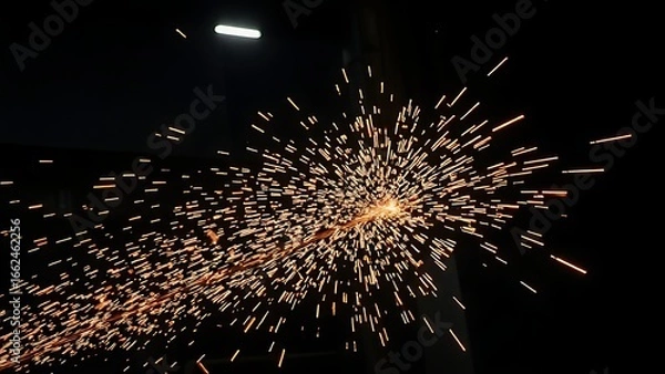 Fototapeta Industrial workshop scene with glowing sparks captured in motion against a dark backdrop.