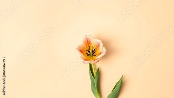 Fototapeta Single tulip on a beige background, embodying simplicity and elegance in floral arrangement.