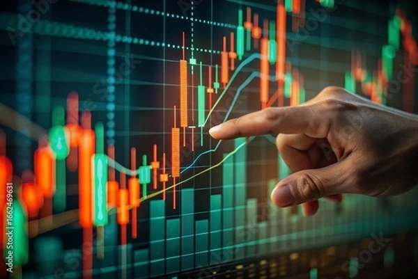 Obraz Hand interacting with financial stock market trading candlestick charts analyzing growth opportunities and investment strategies