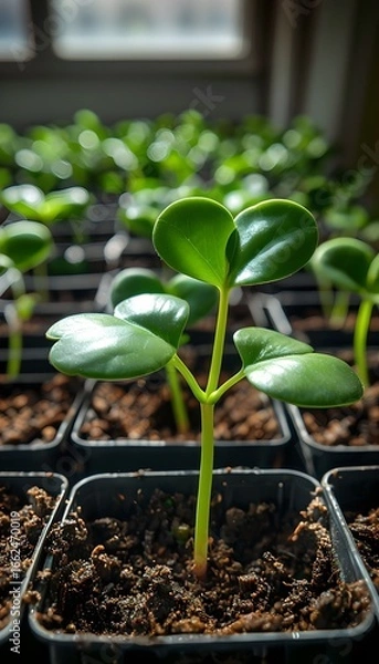 Obraz Closeup of Bright Green Seedling Sprout in Small Pots