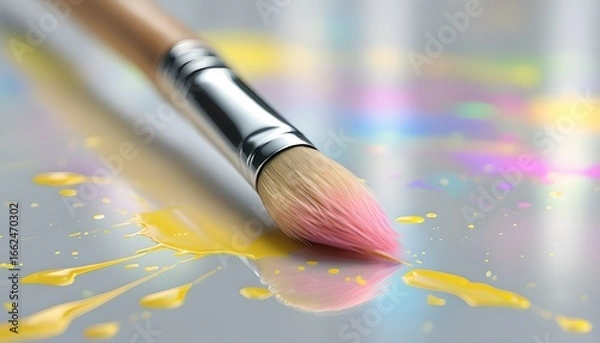 Obraz  Paintbrush with Pink Bristles and Splattered Yellow Paint