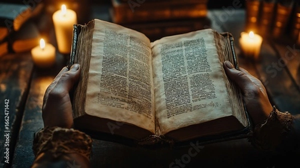 Fototapeta Ancient book, candlelit, hands holding open pages, aged parchment