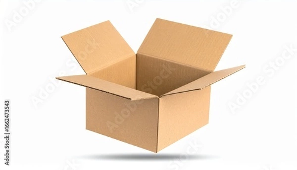Fototapeta Open Corrugated Cardboard Box with Flaps Up Floating Isolated on a Pure White Background with a Soft Shadow.