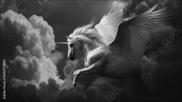 Obraz Regal unicorn pegasus flying through dramatic cloudy skies